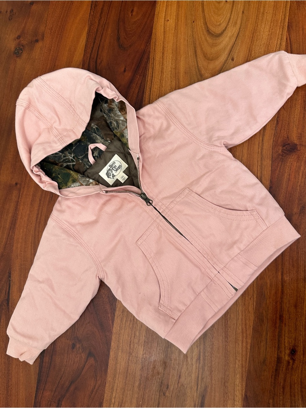 Toddler Girls Canvas Pink Hooded Zip Jacket with Camo Lining